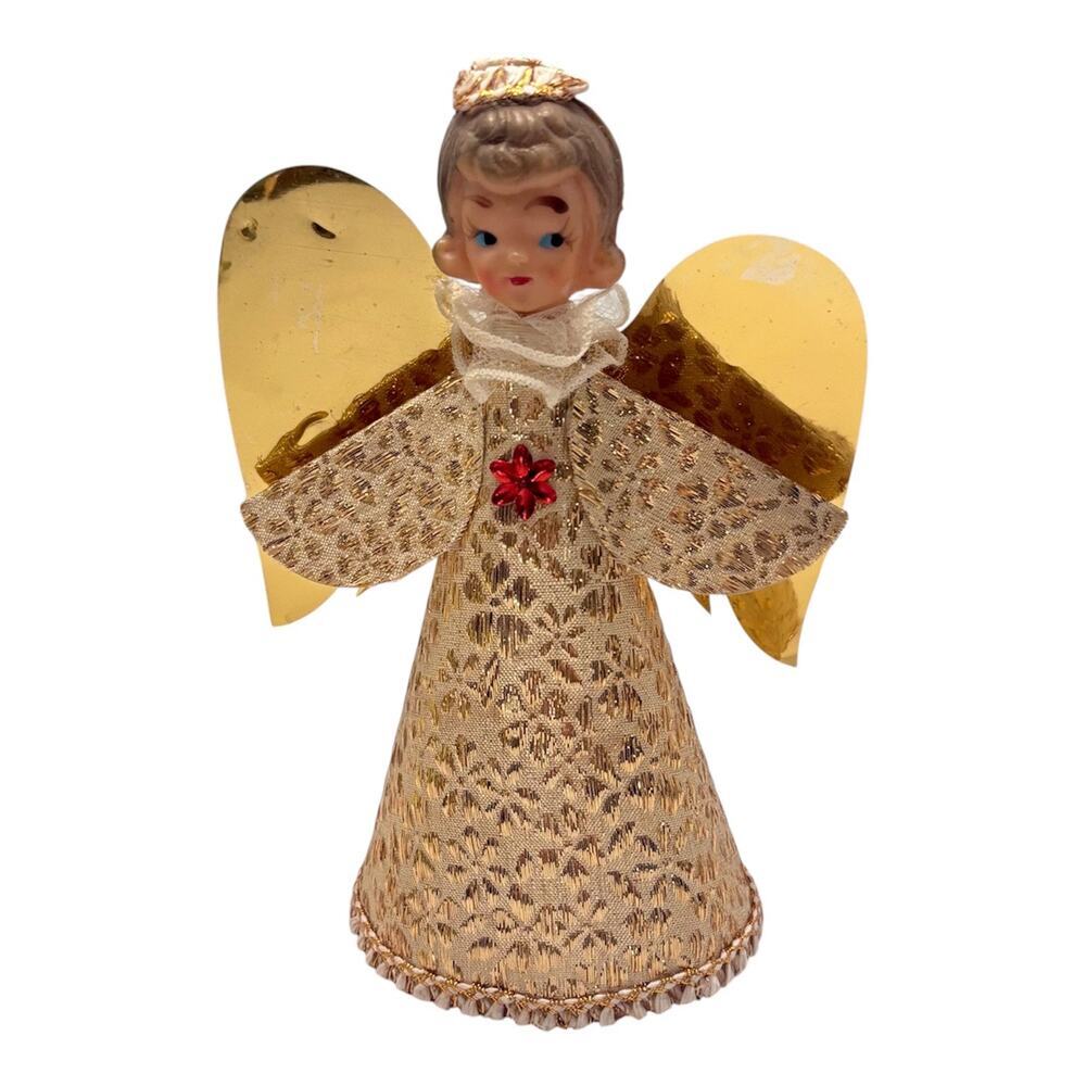 Vintage 1950s Angel Tree Topper Gold Brocade Gown & Foil Wings Japan Retro 7 in